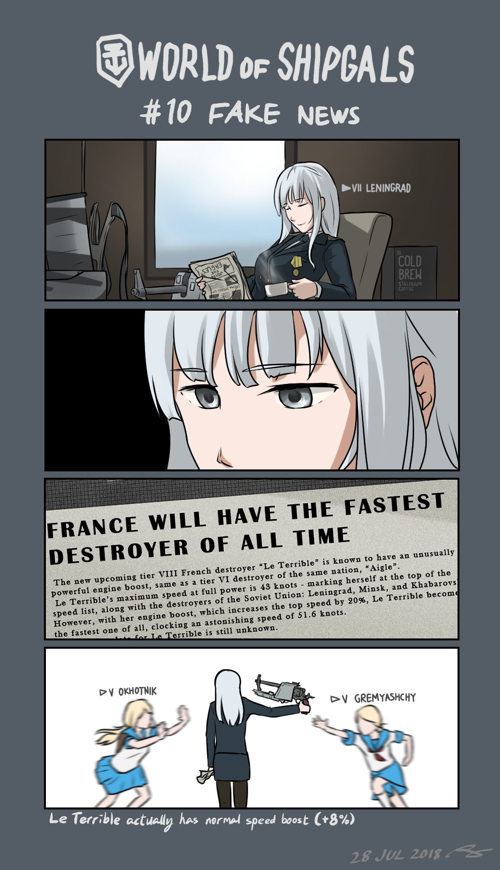 3girls 4koma blonde_hair character_name closed_eyes comic commentary cup dated english english_commentary from_behind gremyashchy_(greythorn032) grey_eyes grey_hair greythorn032 gun gun_to_head highres leningrad_(greythorn032) long_hair military military_uniform motion_blur multiple_girls newspaper okhotnik_(greythorn032) original pantyhose personification rigging school_uniform serafuku smile teacup uniform weapon world_of_warships