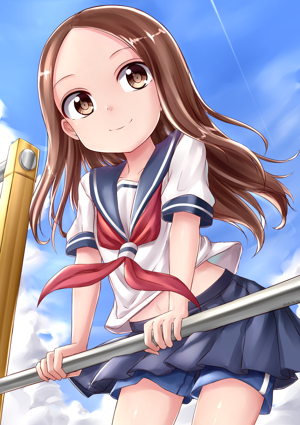 1girl blue_sailor_collar brown_eyes brown_hair highres karakai_jouzu_no_takagi-san midriff neckerchief sailor_collar school_uniform serafuku shorts shorts_under_skirt solo tagme takagi-san