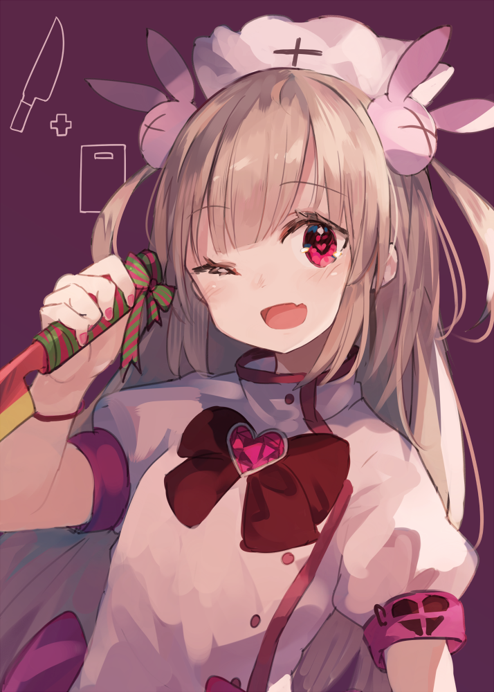 1girl bandage blush bow bunny_hair_ornament buttons chef_uniform commentary cutting_board fang hair_ornament hat heart heart-shaped_pupils holding holding_knife kitchen_knife knife light_brown_hair long_hair looking_at_viewer natori_sana nurse_cap one_eye_closed open_mouth pink_hat puffy_short_sleeves puffy_sleeves red_eyes roll_okashi sana_channel short_sleeves smile solo symbol-shaped_pupils two_side_up virtual_youtuber
