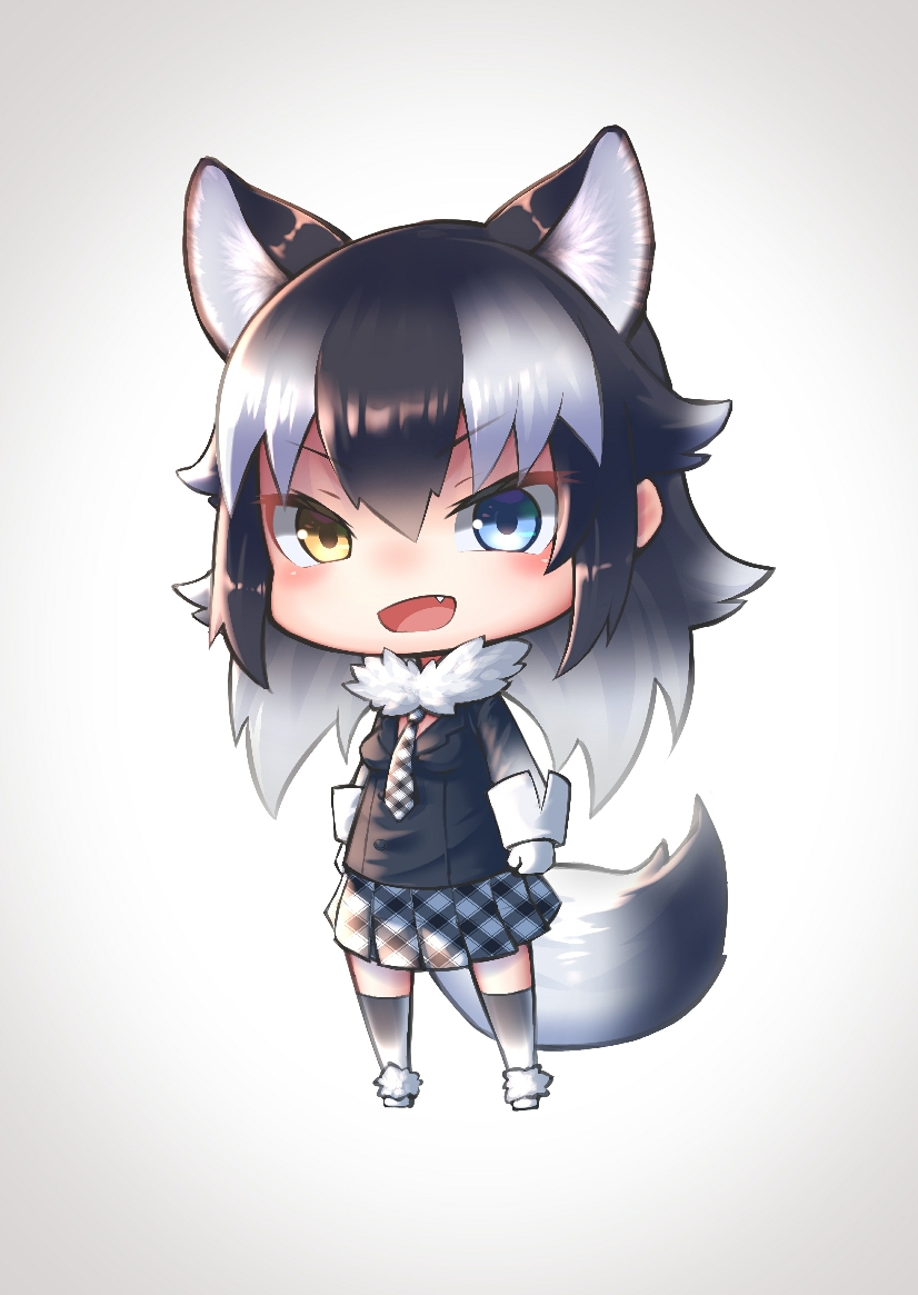 1girl animal_ears arms_at_sides black_hair blazee blue_eyes chibi extra_ears eyebrows_visible_through_hair fang full_body fur_collar gloves gradient_hair grey_wolf_(kemono_friends) hair_between_eyes heterochromia kemono_friends long_hair long_sleeves looking_at_viewer multicolored_hair necktie plaid plaid_neckwear plaid_skirt shiny shiny_hair sidelocks skirt solo st.takuma tail thigh-highs two-tone_hair white_gloves white_hair wolf_ears wolf_girl wolf_tail yellow_eyes zettai_ryouiki