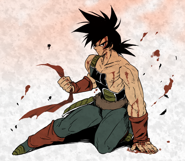 1boy armor ayo_(isy8800) bandanna bardock black_eyes black_hair blood blood_on_face boots broken_armor clenched_hand dragon_ball frown full_body gradient gradient_background male_focus nipples scar serious shadow short_hair simple_background sitting spiky_hair wristband