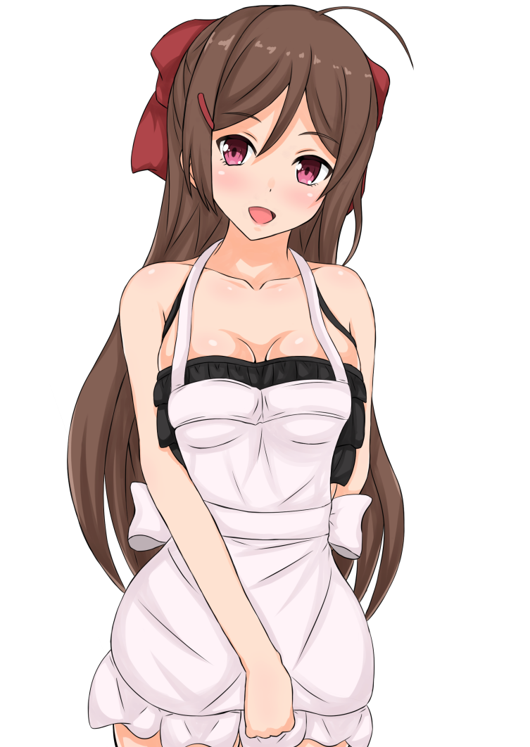 1girl apron bikini black_bikini blush breasts brown_hair eyebrows_visible_through_hair hair_between_eyes kantai_collection large_breasts linfa_lm long_hair looking_at_viewer mamiya_(kantai_collection) open_mouth pink_eyes simple_background solo swimsuit swimsuit_under_clothes white_apron white_background