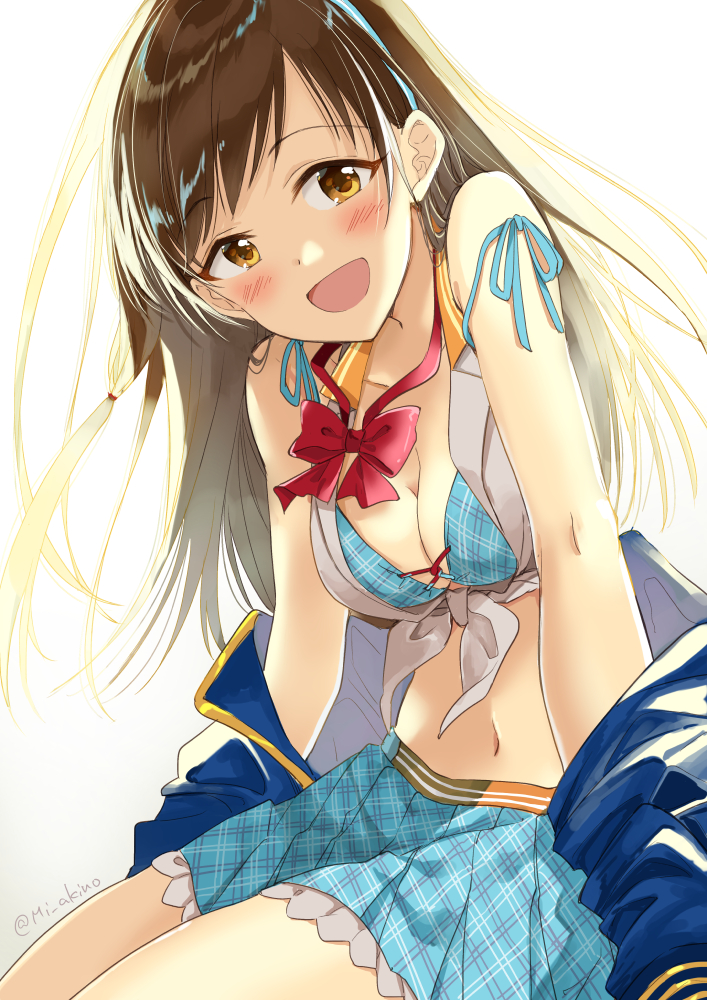 1girl bikini_top brown_eyes brown_hair eyebrows_visible_through_hair idolmaster idolmaster_cinderella_girls jacket kneeling long_hair midriff miyabi_akino navel nitta_minami off_shoulder open_clothes open_jacket open_mouth pleated_skirt shirt skirt solo tied_shirt twitter_username