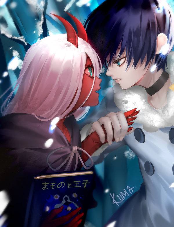 1boy 1girl black_cloak black_collar black_hair blue_eyes book child cloak coat collar commentary couple darling_in_the_franxx english_commentary face-to-face facing_another fatkumar forehead-to-forehead fur_trim green_eyes grey_coat hand_holding hetero hiro_(darling_in_the_franxx) holding holding_book hood hooded_cloak horns long_hair looking_at_another oni_horns parka pink_hair red_horns red_pupils red_sclera red_skin short_hair signature snow snowing tree winter_clothes winter_coat zero_two_(darling_in_the_franxx)