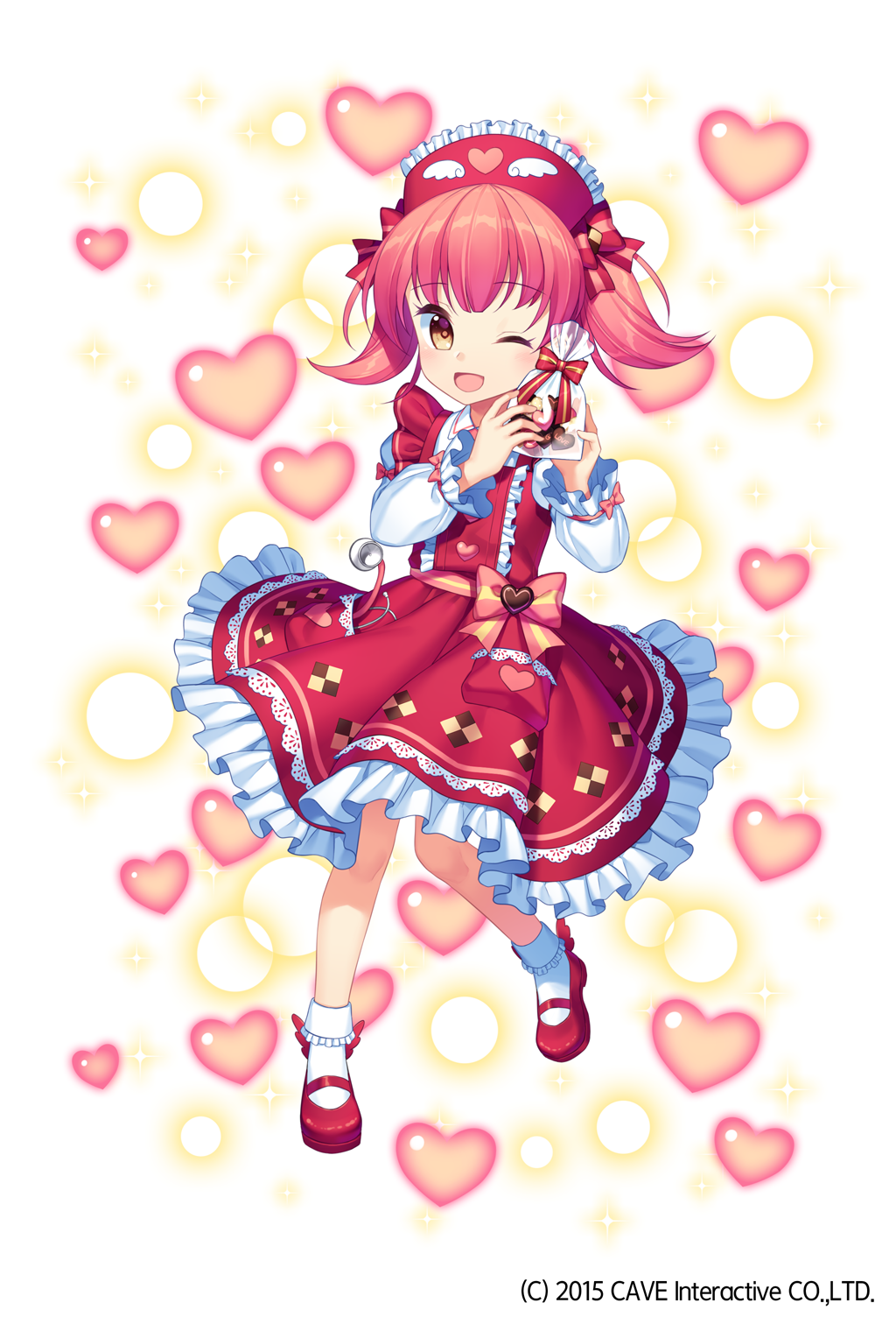 1girl :d bag bow brown_eyes chocolate collared_shirt dress frilled_dress frilled_headband frills gothic_wa_mahou_otome hair_bow heart highres holding jenevan long_sleeves looking_at_viewer official_art one_eye_closed open_mouth pink_hair red_bow red_dress red_footwear shirt shoes short_hair smile socks solo standing twintails watermark white_legwear white_shirt wing_collar