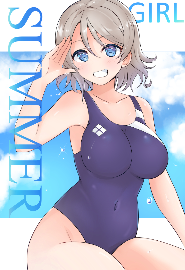10s 1girl blue_eyes blue_sky breasts clouds competition_swimsuit covered_navel grey_hair grin large_breasts looking_at_viewer love_live! love_live!_sunshine!! naopy one-piece_swimsuit purple_swimsuit salute short_hair sky smile solo swimsuit teeth watanabe_you wavy_hair wet