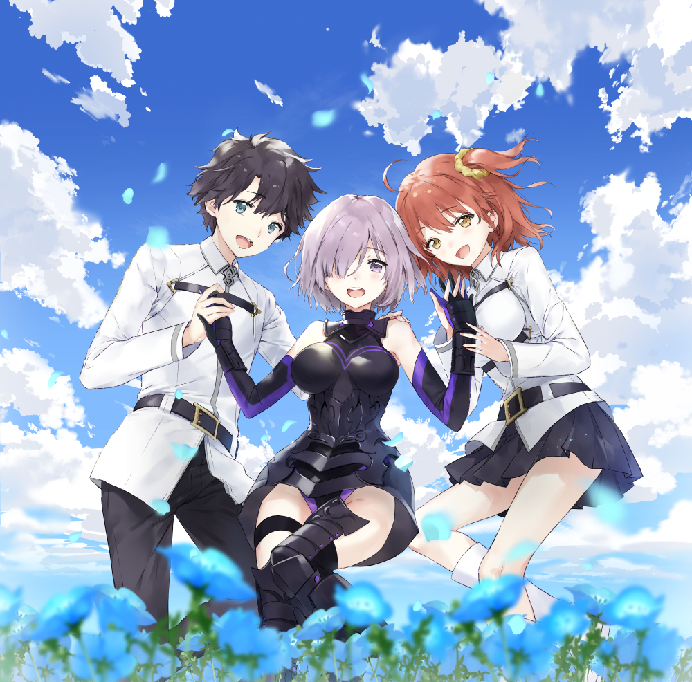 1boy 2girls bangs belt belt_buckle black_belt black_hair black_pants black_skirt breasts buckle clouds eyebrows_visible_through_hair fate_(series) field flower flower_field fujimaru_ritsuka_(female) fujimaru_ritsuka_(male) green_eyes grey_eyes hair_between_eyes hair_ornament hair_over_eyes hand_holding holding long_sleeves looking_at_viewer macciatto_(aciel02) mash_kyrielight multiple_girls outdoors pants purple_hair redhead short_hair skirt sky standing yellow_eyes