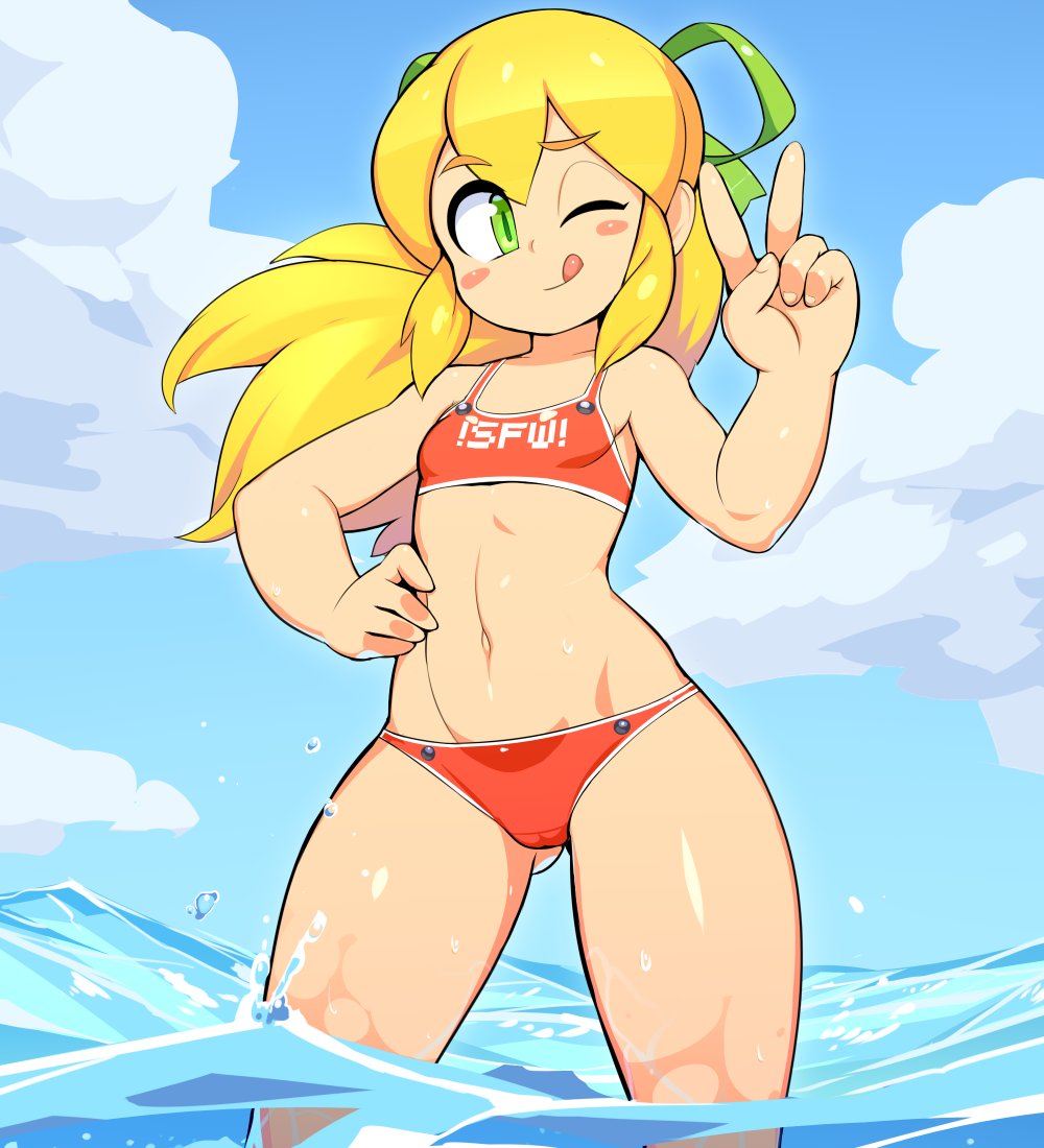 1girl ;p bare_shoulders beach bikini blonde_hair blue_sky blush_stickers breasts clouds day green_eyes green_ribbon groin hair_ribbon long_hair navel nisetanaka ocean one_eye_closed outdoors ponytail red_bikini ribbon rockman roll sidelocks sky small_breasts solo standing stomach swimsuit tongue tongue_out water wet