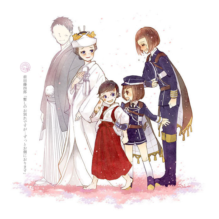 1girl 2boys bandage barefoot black_hakama blue_eyes bob_cut bowing brown_hair bruise cape clenched_hand closed_eyes faceless faceless_male female_saniwa_(touken_ranbu) fujimaru_mirai hair_ornament hairclip hakama hat hat_removed headwear_removed husband_and_wife injury japanese_clothes jewelry kimono lipstick little_girl_saniwa_(touken_ranbu) locked_arms looking_at_another maeda_toushirou makeup miko multiple_boys petals pom_pom_(clothes) red_hakama ring sandals short_hair smile tassel tasuki tearing_up tomboy touken_ranbu wedding_band