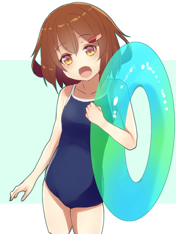 1girl aqua_background blue_swimsuit breasts brown_eyes brown_hair collarbone competition_school_swimsuit eyebrows_visible_through_hair fang hair_ornament hairclip ikazuchi_(kantai_collection) innertube kantai_collection looking_at_viewer nanami_natsuki open_mouth school_swimsuit short_hair small_breasts solo swimsuit two-tone_background white_background