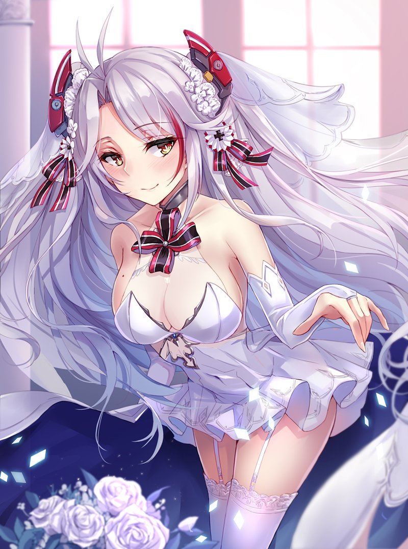 1girl alternate_costume antenna_hair azur_lane bangs bare_shoulders blush breasts bridal_veil brown_eyes cleavage closed_mouth collarbone dress eyebrows_visible_through_hair flower garter_straps hair_between_eyes iron_cross large_breasts leaning_forward long_hair looking_at_viewer mole mole_on_breast multicolored_hair prinz_eugen_(azur_lane) rose silver_hair smile solo streaked_hair thigh-highs two_side_up veil very_long_hair wedding_dress white_flower white_legwear white_rose yuemanhuaikong