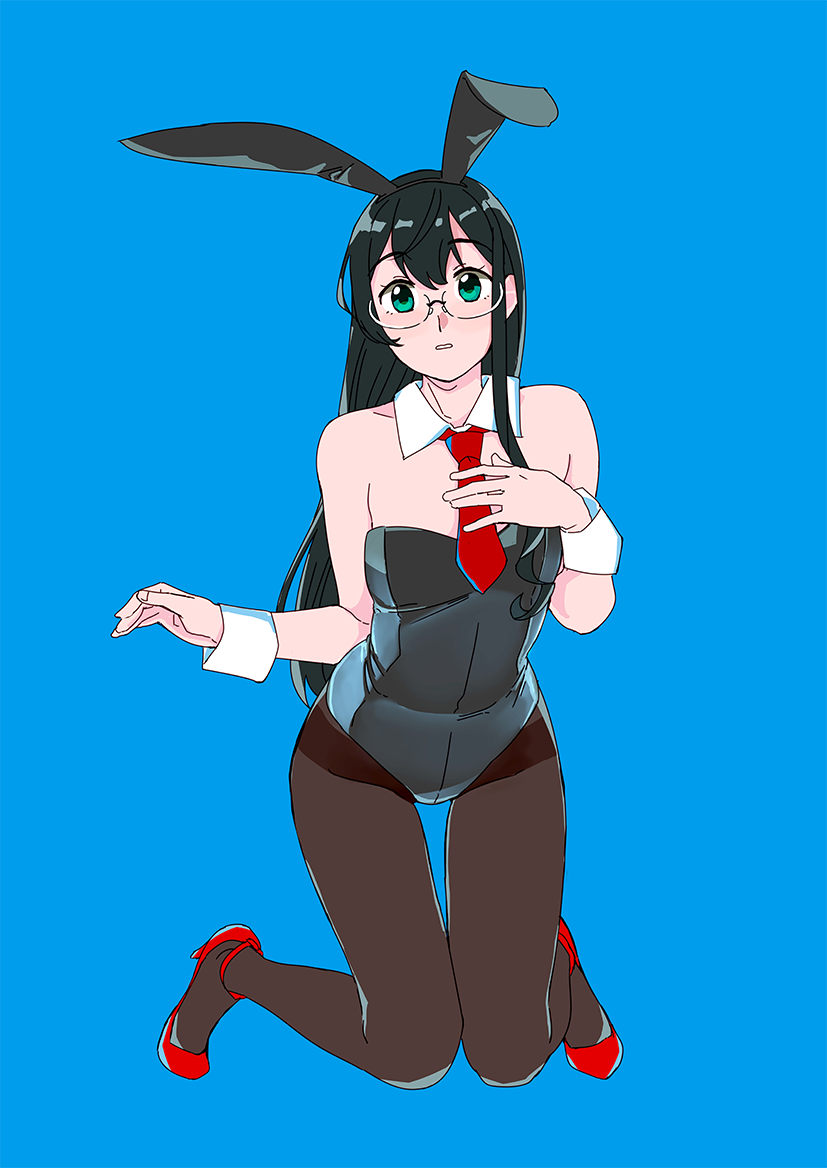 1girl animal_ears bare_shoulders black_hair blue_background brown_legwear bunnysuit detached_collar fake_animal_ears full_body glasses green_eyes hand_on_own_chest kantai_collection knees_together_feet_apart long_hair necktie ojipon ooyodo_(kantai_collection) pantyhose parted_lips rabbit_ears red_footwear simple_background solo wrist_cuffs