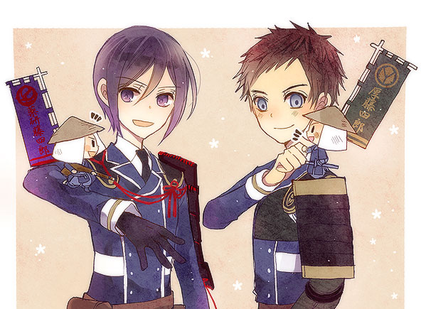 &gt;:d 4boys ajirogasa armor atsushi_toushirou black_gloves black_hair blue_eyes closed_mouth double-breasted emblem fist_bump fujimaru_mirai gloves hat japanese_armor japanese_clothes kote long_sleeves looking_at_another male_focus miniboy multiple_boys pink_background smile touken_ranbu tousou_(touken_ranbu) upper_body yagen_toushirou |_|