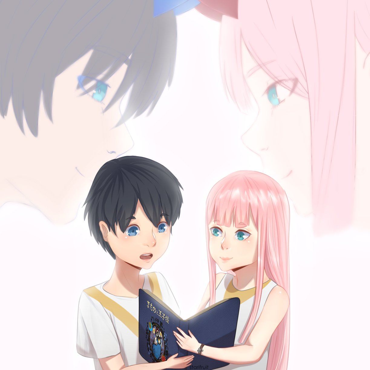 1boy 1girl anichka bangs bare_shoulders black_hair blue_eyes blue_horns blush book child collarbone commentary commentary_request couple darling_in_the_franxx dual_persona english_commentary eyebrows_visible_through_hair face-to-face facing_another green_eyes hetero highres hiro_(darling_in_the_franxx) holding holding_book horns long_hair looking_at_another oni_horns open_mouth pink_hair red_horns reincarnation shirt short_hair short_sleeves sleeveless sleeveless_shirt spoilers white_shirt zero_two_(darling_in_the_franxx)