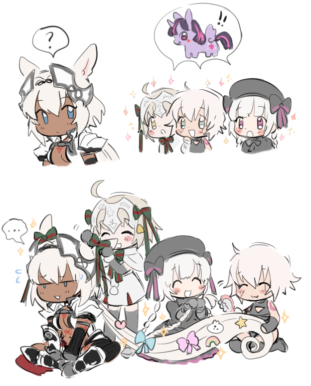 ... 4girls :d ? ahoge animal_ears bandage bandaged_arm bandages bangs black_bow black_dress black_hat blue_eyes bow braid caenis_(fate) capelet commentary dark_skin dress facial_scar fate/apocrypha fate/grand_order fate_(series) fur-trimmed_capelet fur_trim gothic_lolita green_eyes hair_intakes hairband hat headgear headpiece jack_the_ripper_(fate/apocrypha) jacket jeanne_d'arc_(fate)_(all) jeanne_d'arc_alter_santa_lily lilirenzu lolita_fashion long_hair multiple_girls my_little_pony nursery_rhyme_(fate/extra) open_mouth pixiv_fate/grand_order_contest_2 ponytail ponytail_holder red_eyes scar scar_on_cheek silver_hair smile sparkle spoken_ellipsis spoken_question_mark striped striped_bow tattoo twilight_sparkle twin_braids white_background white_hair white_jacket yellow_eyes