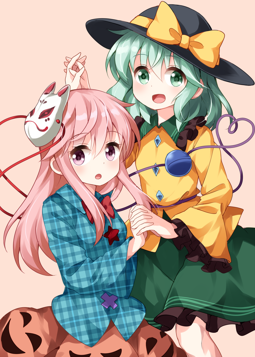 2girls beige_background black_hat blue_shirt blush bow bowtie commentary_request feet_out_of_frame frilled_shirt_collar frilled_sleeves frills green_eyes green_hair green_skirt hair_between_eyes hand_holding hand_up hat hat_bow hata_no_kokoro heart heart_of_string highres interlocked_fingers komeiji_koishi long_hair long_sleeves looking_at_viewer mask mask_on_head multiple_girls open_mouth petticoat pink_eyes pink_hair pink_skirt plaid plaid_shirt red_bow red_neckwear ruu_(tksymkw) shirt short_hair sidelocks simple_background skirt smile star third_eye touhou unmoving_pattern wide_sleeves x yellow_bow yellow_shirt