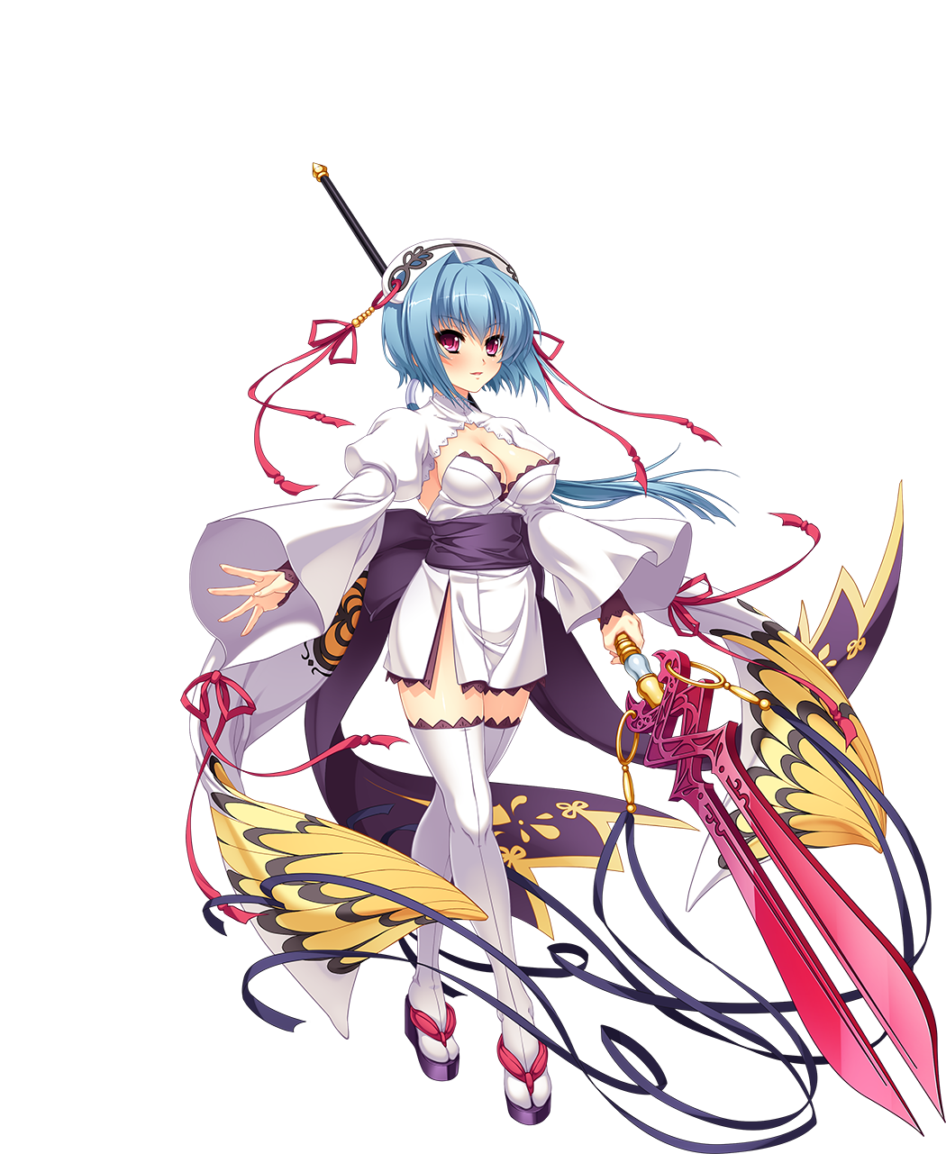 1girl bangs blue_hair breasts chouun cleavage eyebrows_visible_through_hair hair_between_eyes hat highres holding holding_weapon japanese_clothes katagiri_hinata koihime_musou large_breasts looking_at_viewer medium_breasts obi official_art polearm ribbon sash sennen_sensou_aigis short_hair smile solo spear thigh-highs transparent_background violet_eyes weapon white_legwear wide_sleeves zettai_ryouiki