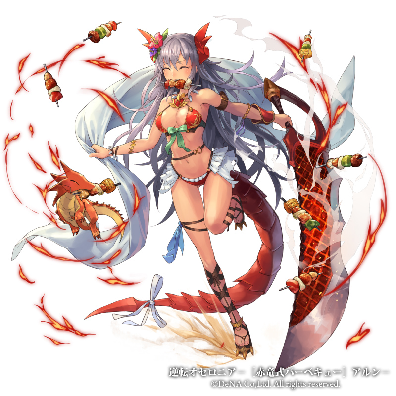 1girl armor bikini bikini_armor breasts closed_eyes copyright_name copyright_request cuboon dragon dragon_tail fire flower food grey_hair grill hair_flower hair_ornament medium_breasts navel official_art simple_background solo swimsuit sword tail weapon white_background