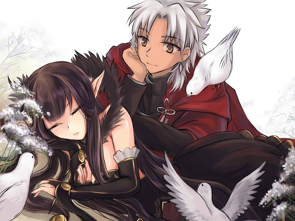 1boy 1girl amakusa_shirou_(fate) animal animal_on_shoulder bird bird_on_shoulder black_hair breasts brown_eyes cleavage closed_eyes commentary_request dark_skin detached_sleeves dove fate/apocrypha fate_(series) flower fur_trim grey_hair long_hair lying on_side pointy_ears runliya semiramis_(fate) sleeping spike very_long_hair