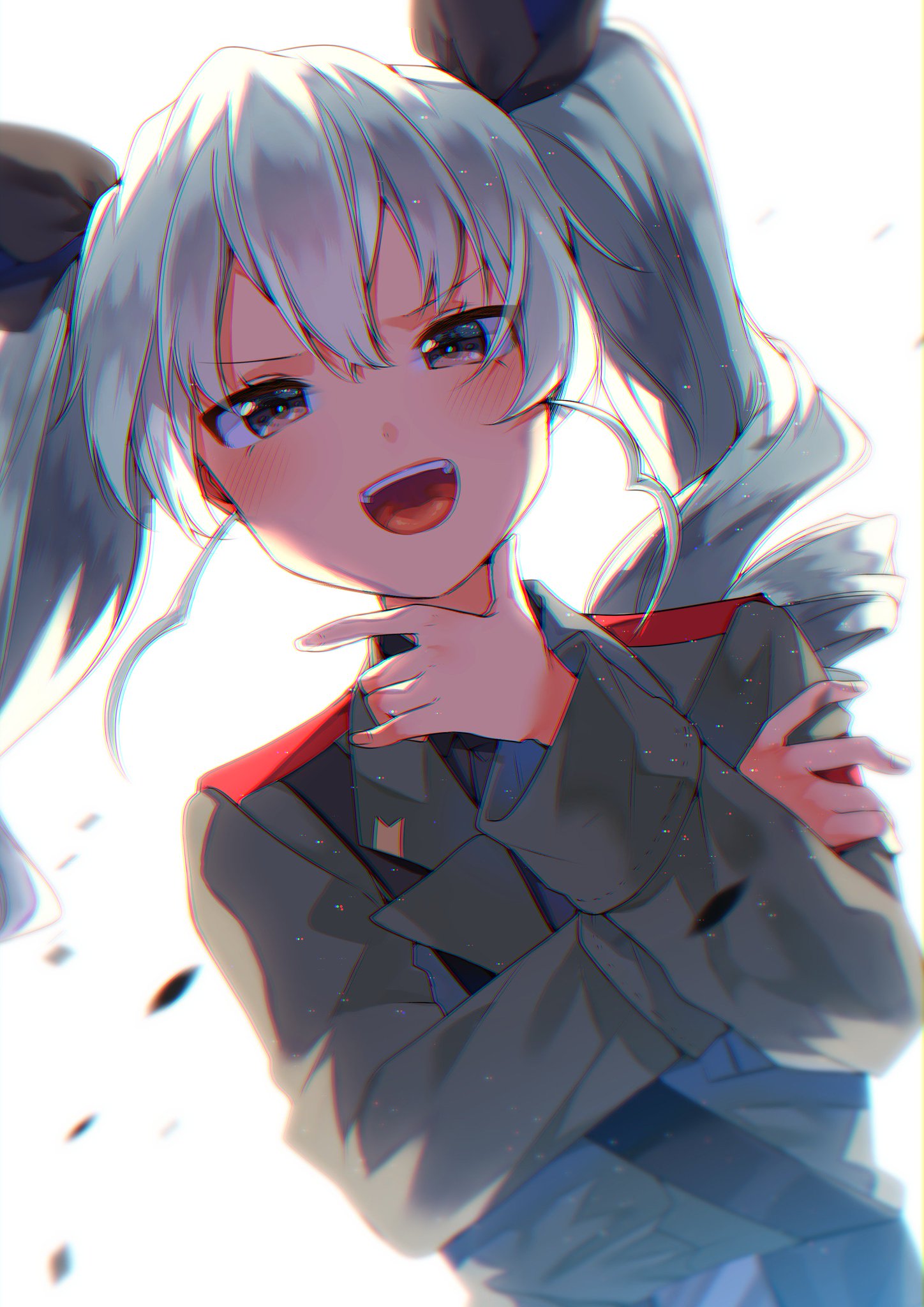 1girl :d action anchovy anzio_military_uniform arm_grab bangs belt black_belt black_ribbon blurry chin_grab chromatic_aberration commentary drill_hair dutch_angle eyebrows_visible_through_hair girls_und_panzer green_hair grey_jacket hair_ribbon highres itohana jacket light_particles long_hair long_sleeves military military_uniform open_mouth red_eyes ribbon sam_browne_belt smile solo standing twin_drills twintails uniform upper_body