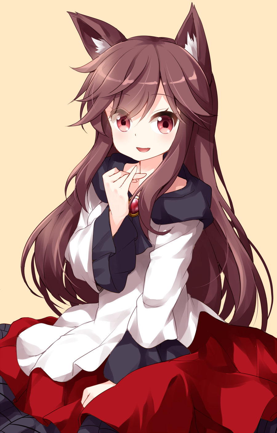 1girl blush breasts brooch brown_hair commentary_request dress eyebrows_visible_through_hair eyes_visible_through_hair hair_between_eyes hand_up highres imaizumi_kagerou jewelry long_hair long_sleeves looking_at_viewer medium_breasts multicolored multicolored_clothes multicolored_dress open_mouth red_dress red_eyes ruu_(tksymkw) sidelocks simple_background smile solo touhou very_long_hair white_dress wide_sleeves yellow_background