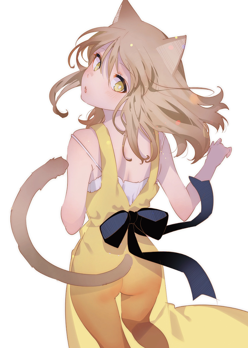 1girl animal_ears arutera ass blush bright_pupils brown_hair cat_ears cat_tail dress from_above from_behind long_dress medium_hair original parted_lips see-through_silhouette sidelocks simple_background solo strap_slip tail white_background white_pupils yellow_dress yellow_eyes