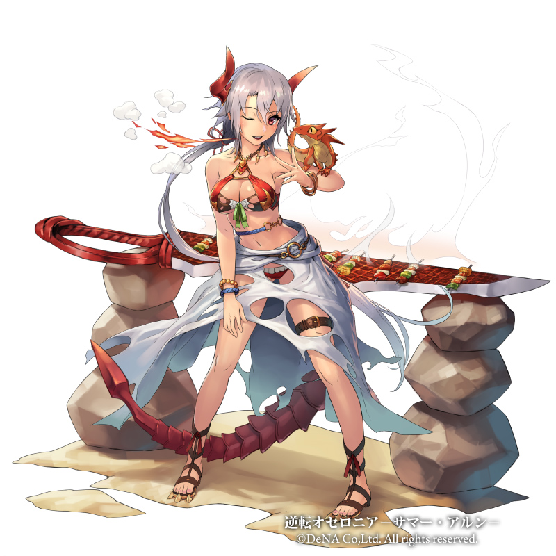 1girl armor bikini bikini_armor breasts copyright_name copyright_request cuboon dragon dragon_tail fire food grey_hair grill grilling horns long_hair medium_breasts navel official_art one_eye_closed red_eyes simple_background solo swimsuit sword tail weapon white_background