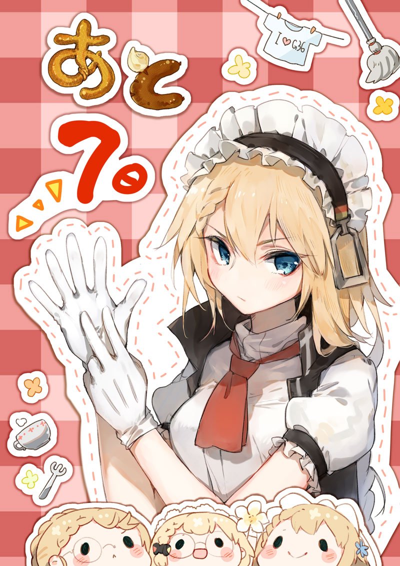 4girls :d bangs blonde_hair blouse blue_eyes braid chibi closed_mouth clothes_writing counting cup dotted_line fork g36_(girls_frontline) girls_frontline gloves hair_between_eyes heart looking_at_viewer maid maid_headdress mop multiple_girls open_mouth plaid plaid_background shirt short_sleeves shuzi side_braid sidelocks smile solo_focus t-shirt teacup tsurime white_blouse white_gloves