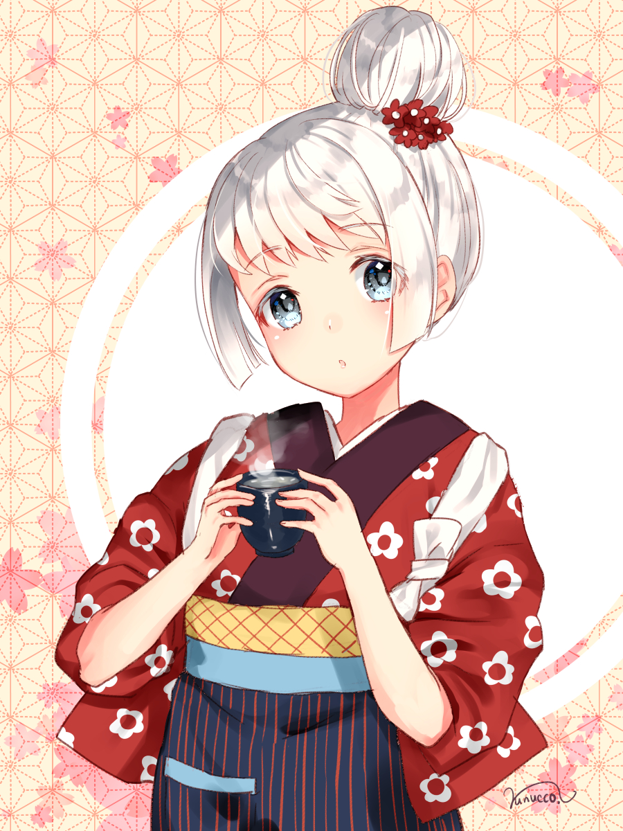 1girl :o blue_eyes blush copyright_request cup floral_print flower hair_bun hair_flower hair_ornament head_tilt highres holding holding_cup japanese_clothes kimono looking_at_viewer nunucco parted_lips print_kimono red_flower red_kimono short_sleeves sidelocks signature silver_hair solo steam wide_sleeves