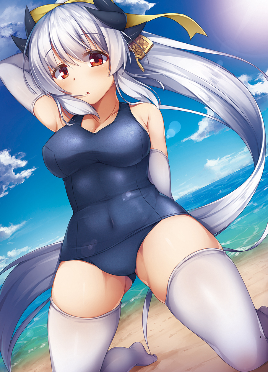 1girl :o arm_behind_back arm_behind_head arm_up bangs bare_shoulders beach blue_sky blue_swimsuit blush breasts brown_eyes cleavage clouds cloudy_sky collarbone commentary_request covered_navel day dragon_girl dragon_horns dutch_angle elbow_gloves eyebrows_visible_through_hair fate/grand_order fate_(series) floating_hair from_below gloves hair_between_eyes hair_ornament hair_ribbon high_ponytail highres horns kiyohime_(fate/grand_order) kneeling large_breasts lens_flare long_hair looking_at_viewer no_shoes ocean old_school_swimsuit one-piece_swimsuit outdoors ponytail red_eyes ribbon sand school_swimsuit shiny shiny_clothes sidelocks silver_hair sky solo sun swimsuit tareme thigh-highs thighs very_long_hair white_gloves white_legwear wind yellow_ribbon yuki_kawachi