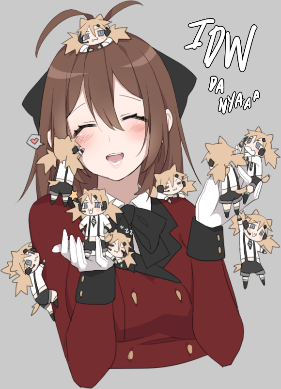 :3 animal_ears antenna_hair black_neckwear black_ribbon blonde_hair blue_eyes blush brown_hair cat_ears chibi chibi_on_head climbing collared_jacket collared_shirt commander_(girls_frontline) commentary cropped_torso deathalice english_commentary girls_frontline gloves green_footwear grey_gloves hair_between_eyes hair_ornament hair_ribbon hairclip hanging_on heart holding idw_(girls_frontline) jacket lipgloss long_hair military military_uniform multiple_girls neck_ribbon necktie on_head open_mouth red_jacket ribbon shirt short_sleeves shorts sleeve_cuffs slit_pupils smile spoken_heart suspender_shorts suspenders tail tied_hair tsurime uniform v-shaped_eyebrows white_gloves white_shirt zzz