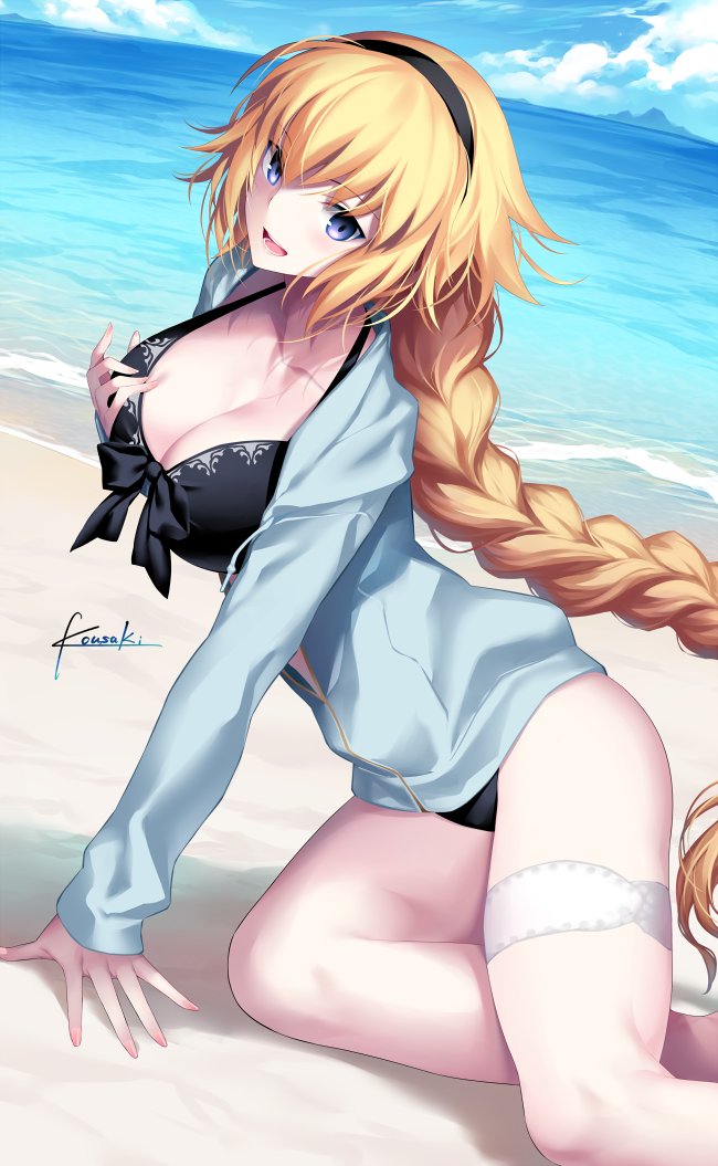 1girl alternate_costume bangs beach bikini black_bikini black_hairband blonde_hair blue_eyes blue_sky blue_sweater braid breasts cardigan cleavage clouds collarbone eyebrows_visible_through_hair fate/grand_order fate_(series) front-tie_top hair_between_eyes hairband hand_on_own_chest hands_on_ground jeanne_d'arc_(fate) jeanne_d'arc_(fate)_(all) kousaki_rui large_breasts long_braid long_hair looking_at_viewer ocean open_cardigan open_clothes open_mouth sand signature single_braid sitting sky sweater swimsuit thigh_strap very_long_hair waves