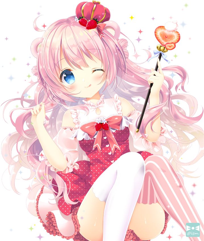 1girl ;p animal_ears aono_ribbon bangs bare_shoulders bear_ears blue_eyes blush bow breasts closed_mouth commentary_request detached_sleeves dress dutch_angle eyebrows_visible_through_hair fingernails food frills fruit hands_up heart holding holding_wand long_hair looking_at_viewer medium_breasts mismatched_legwear one_eye_closed original pink_bow pink_hair pink_legwear polka_dot polka_dot_dress puffy_short_sleeves puffy_sleeves red_dress short_sleeves smile solo sparkle strawberry striped striped_legwear tongue tongue_out vertical-striped_legwear vertical_stripes very_long_hair wand white_legwear