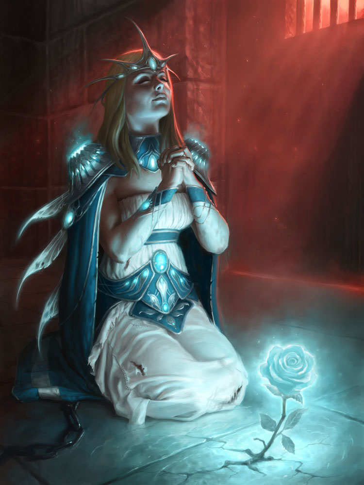 1girl blonde_hair cape chains closed_eyes flower injury james_ryman leaf legend_of_the_cryptids long_hair official_art praying rose sitting solo tiara torn_clothes