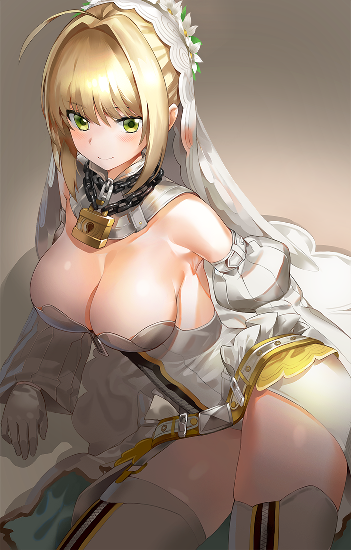 1girl armpits bangs bare_shoulders belt blush bodysuit boots breasts bridal_veil chains cleavage detached_collar detached_sleeves eyebrows_visible_through_hair fate/grand_order fate_(series) full-length_zipper gloves green_eyes hair_intakes head_wreath kfr large_breasts leotard lock looking_at_viewer loose_belt lying nero_claudius_(bride)_(fate) nero_claudius_(fate)_(all) on_side padlock smile strapless strapless_leotard thigh-highs thigh_boots thighs veil white_bodysuit white_gloves white_leotard zipper zipper_pull_tab