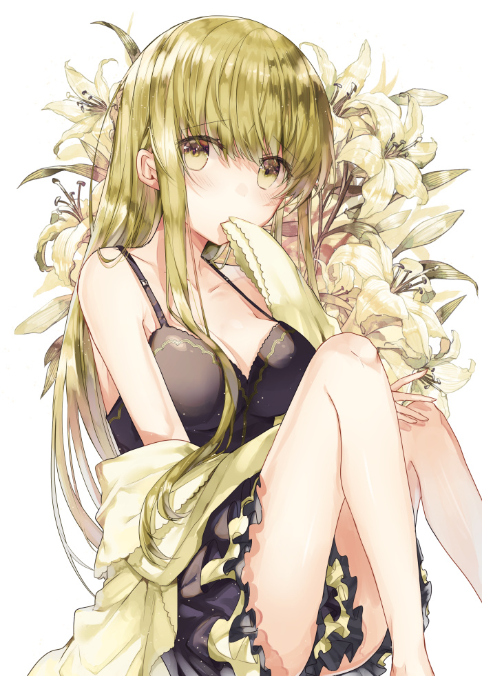 1girl bare_shoulders black_dress blush breasts cleavage collarbone commentary_request dress eyebrows_visible_through_hair flower green_eyes green_hair kazutake_hazano legs long_hair looking_at_viewer medium_breasts original shiro_seijo_to_kuro_bokushi simple_background sitting solo white_background