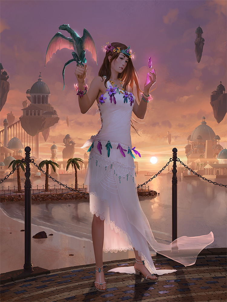 1girl bare_shoulders bat_wings beach bracelet brown_hair chains crystal dragon dragon_tail dress feathers flower gem hair_flower hair_ornament jewelry johannes_voss legend_of_the_cryptids official_art rock sandals sky solo tail tiara wings