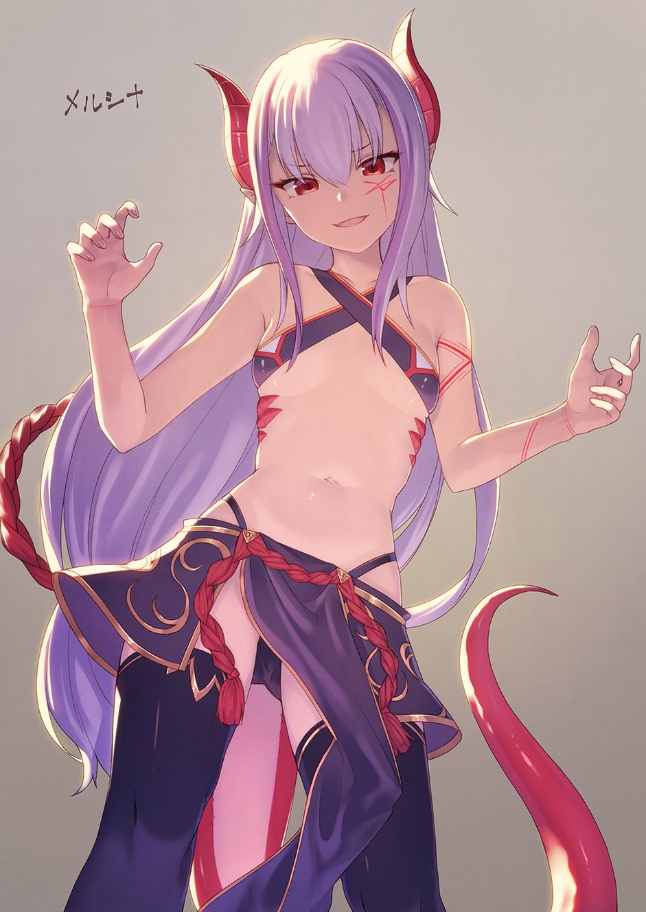1girl bare_shoulders black_legwear breasts claw_pose commentary_request dragon_girl dragon_horns dragon_tail facial_mark gradient gradient_background grey_background hair_between_eyes head_tilt highleg highres horns ibuki_notsu long_hair looking_at_viewer low-tied_long_hair melusine_(ibuki_notsu) navel original parted_lips pelvic_curtain pointy_ears purple_hair red_eyes simple_background slit_pupils small_breasts smile solo stomach tail thigh-highs very_long_hair