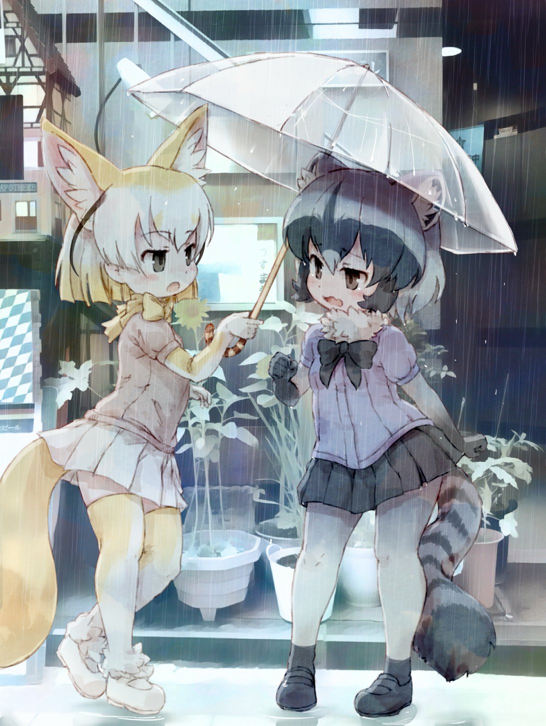 2girls animal_ears black_hair blonde_hair blush bow bowtie commentary_request common_raccoon_(kemono_friends) elbow_gloves eyebrows_visible_through_hair fennec_(kemono_friends) fox_ears fox_tail fur_collar fur_trim gloves grey_hair highres kemono_friends kolshica multicolored_hair multiple_girls pantyhose pleated_skirt puffy_short_sleeves puffy_sleeves raccoon_ears raccoon_tail rain short_hair short_sleeves skirt tail thigh-highs umbrella white_hair