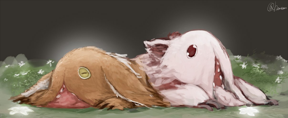artist_name claws creature flower fur grass grey_background hazear made_in_abyss mitty_(made_in_abyss) nanachi_(made_in_abyss) no_humans open_mouth red_eyes yellow_eyes