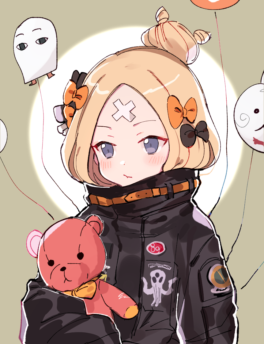 1girl abigail_williams_(fate/grand_order) alternate_hairstyle artist_request balloon bangs belt black_bow black_jacket blonde_hair blue_eyes blush bow closed_mouth fate/grand_order fate_(series) forehead fou_(fate/grand_order) hair_bow hair_bun high_collar holding holding_stuffed_animal jacket long_hair medjed orange_bow parted_bangs puffed_cheeks sleeves_past_fingers sleeves_past_wrists solo stuffed_animal stuffed_toy teddy_bear