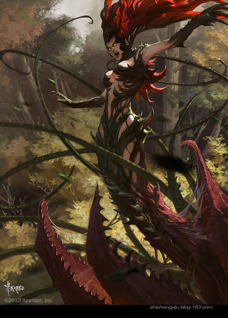 1girl artist_name bayard_wu breasts center_opening cleavage fangs gloves leaf legend_of_the_cryptids long_hair mandrake monster_girl official_art open_mouth plant redhead solo teeth thorns tree vines watermark web_address yellow_eyes