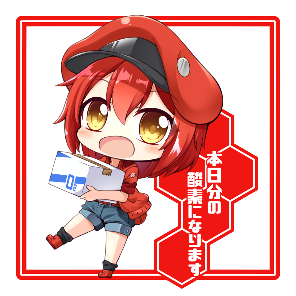 1girl ae-3803 bangs belt_buckle black_legwear blue_shorts boots box brown_eyes buckle cabbie_hat cardboard_box chibi collared_jacket commentary_request eyebrows_visible_through_hair hair_between_eyes hat hataraku_saibou holding holding_box jacket long_hair looking_at_viewer open_clothes open_jacket red_belt red_blood_cell_(hatataku_saibou) red_eyes red_footwear red_hat red_jacket shachoo. short_shorts short_sleeves shorts socks solo translation_request