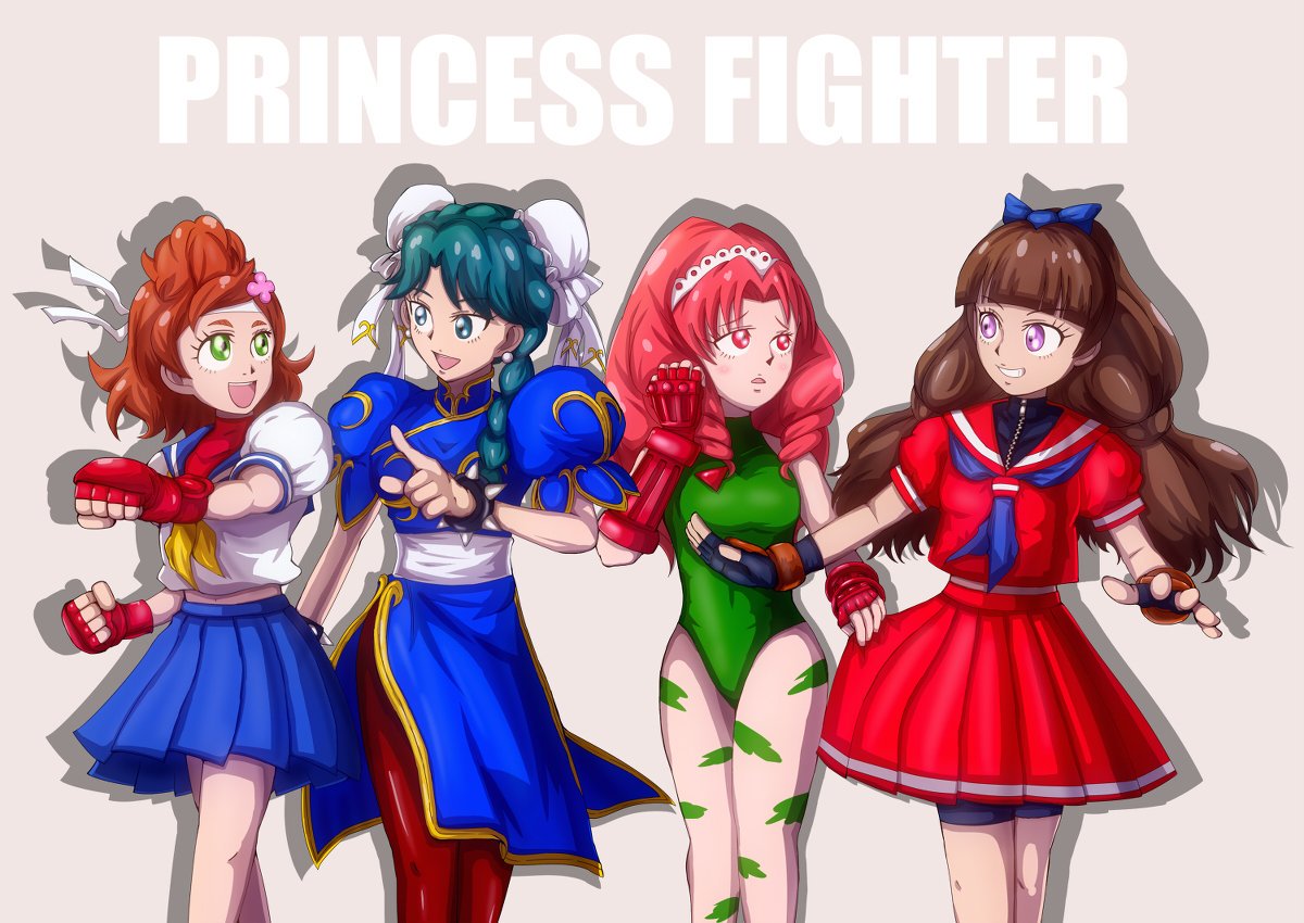 4girls akagi_towa amanogawa_kirara cammy_white cammy_white_(cosplay) capcom chun-li chun-li_(cosplay) colored commentary cosplay crossover go!_princess_precure haruno_haruka image_sample kaidou_minami kanzuki_karin kanzuki_karin_(cosplay) kasugano_sakura kasugano_sakura_(cosplay) multiple_girls precure rokuma_g simple_background street_fighter twitter_sample