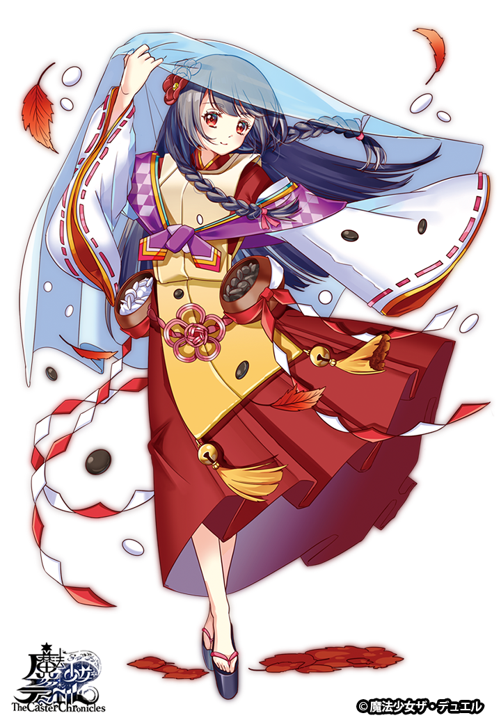 1girl autumn_leaves bell black_hair braid copyright_name flower fujishiro_kokoa full_body hair_flower hair_ornament hakama hands_up japanese_clothes jingle_bell long_hair official_art red_eyes sandals solo standing the_caster_chronicles twin_braids wide_sleeves