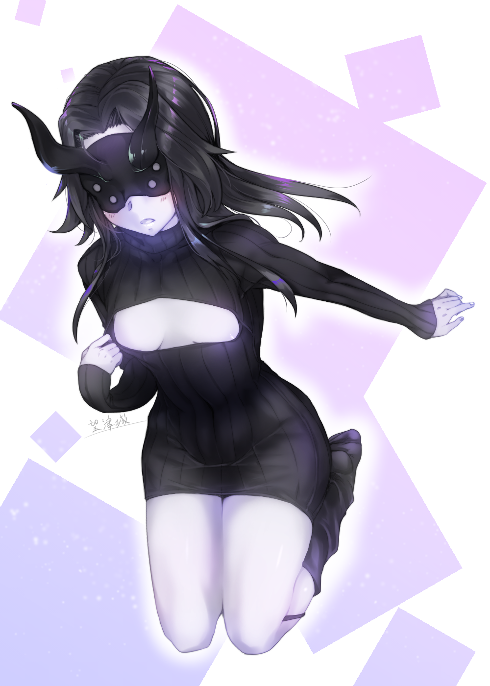 1girl alternate_costume black_dress black_hair blush breasts closed_mouth dress highres horn horns kantai_collection light_cruiser_hime long_hair long_sleeves looking_at_viewer meme_attire mochitsu_jou no_bra open-chest_sweater purple_skin shinkaisei-kan short_dress small_breasts solo sweater