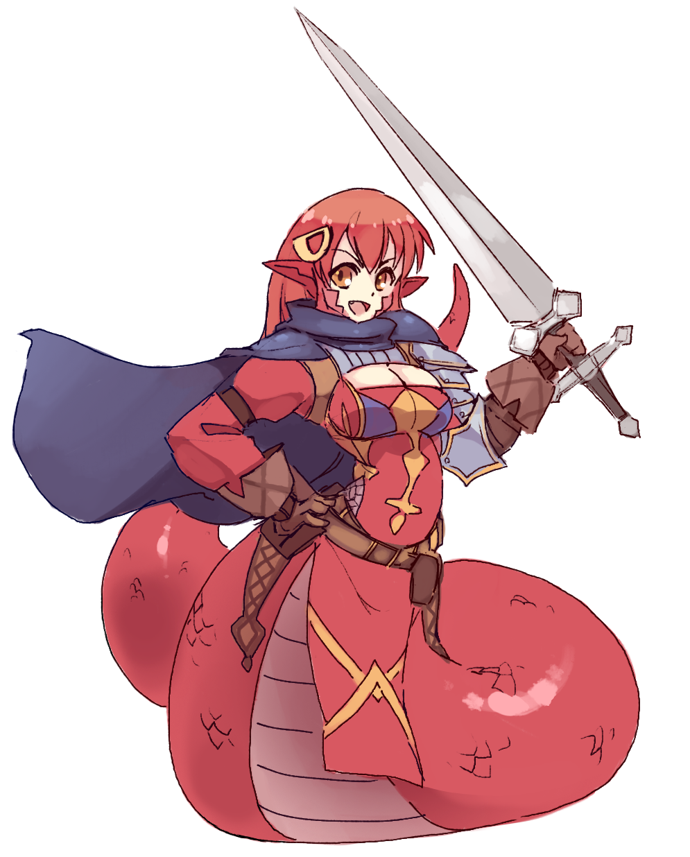 1girl :d alternate_costume belt breasts brown_gloves cape cleavage gloves hair_ornament hand_on_hip highres holding holding_sword holding_weapon lamia large_breasts long_hair long_sword looking_at_viewer miia_(monster_musume) monster_girl monster_musume_no_iru_nichijou open_mouth orange_eyes pelvic_curtain pointy_ears pouch purple_cape redhead rtil scales shoulder_armor simple_background smile solo spaulders sword weapon white_background