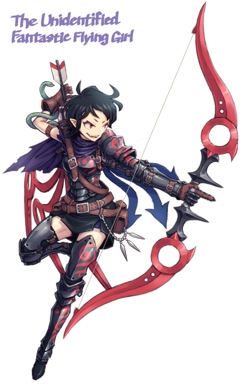 1girl :d adapted_costume ahoge aiming arm_up armor armored_dress arrow asymmetrical_wings belt belt_buckle black_dress black_hair black_legwear blue_cape blue_wings bow_(weapon) breastplate brown_gloves buckle cape commentary_request drawing_bow dress english fangs full_body gauntlets gloves greaves holding holding_arrow holding_bow_(weapon) holding_weapon houjuu_nue leg_up meimaru_inuchiyo open_mouth outstretched_arm pauldrons pointy_ears pouch quiver red_eyes red_wings short_dress short_hair smile snake solo thigh-highs touhou weapon white_background wings zettai_ryouiki