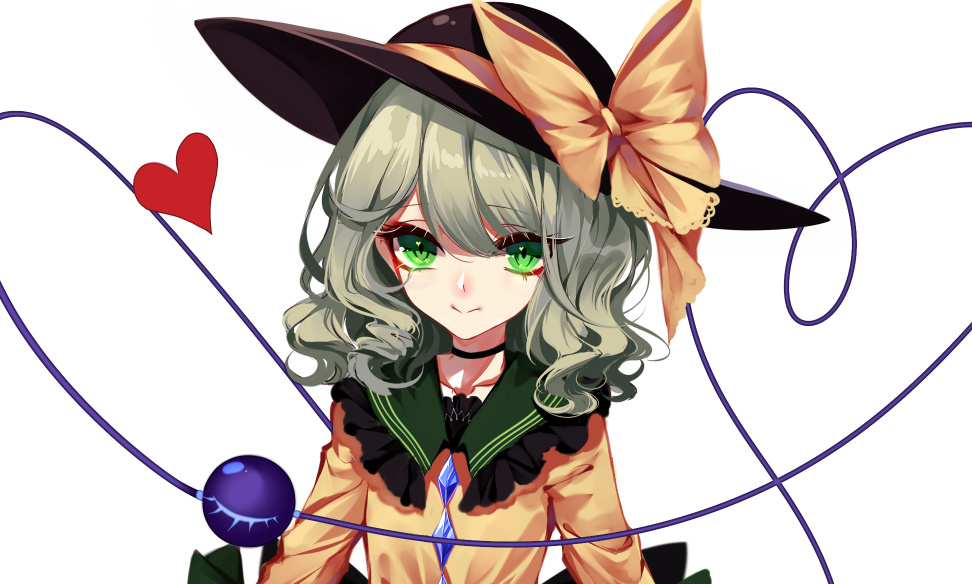 1girl black_choker black_hat bow chinese_commentary choker collarbone commentary_request eyebrows_visible_through_hair eyes_visible_through_hair frilled_shirt_collar frills green_eyes green_hair hair_between_eyes hat hat_bow heart heart_of_string komeiji_koishi long_sleeves looking_at_viewer sheya shirt short_hair simple_background smile solo third_eye touhou upper_body wavy_hair white_background yellow_bow yellow_shirt