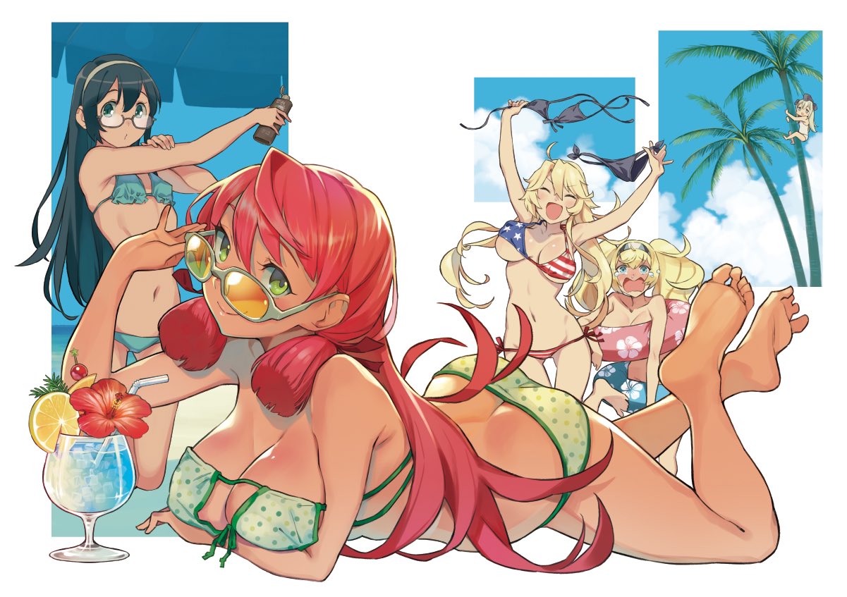 4girls akashi_(kantai_collection) american_flag_bikini ass bikini black_bikini black_hair blonde_hair blue_eyes breasts butt_crack cleavage clothes_theft covering crying crying_with_eyes_open drink eyepatch_bikini flag_print gambier_bay_(kantai_collection) glasses green_eyes hair_between_eyes hair_ribbon hairband iowa_(kantai_collection) kantai_collection large_breasts lifebuoy long_hair lying multiple_girls nonco on_stomach ooyodo_(kantai_collection) palm_tree pink_hair print_bikini ribbon semi-rimless_eyewear star swimsuit symbol-shaped_pupils tears the_pose theft tree tress_ribbon twintails u-511_(kantai_collection) under-rim_eyewear white_swimsuit